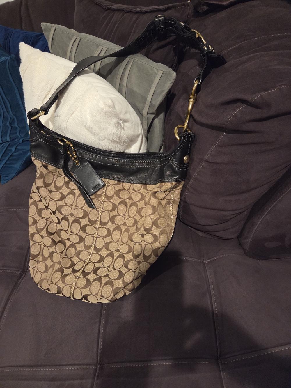 Coach Tan Signature Canvas Hobo with Black Leather Trim